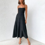 MQTIME  -  Summer New Knitted Pleated Long Dress High Waist Midi Sling Dresses Elegant Sleeveless Women Streetwear Black Bodycon Vestidos