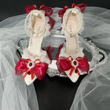 MQTIME  -  pointed toe heel white red y2k high heel Lolita wedding shoes bridal heel bow pearl Y2k boots heel lace stiletto heels