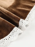 MQTIME  -  New Brown Gold Velvet Lace Elastic Cuffs Long Sleeve Casual Dress French Elegant Cocktail Luxury Party Dress Slim Pleated Skirt