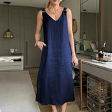 MQTIME  -  Retro Solid Color Lady V Neck Loose Suspenders Dress Sexy Hollow Out Sleeveless Summer Dress Casual Street Pocket Pullover Dress