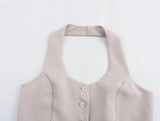  MQTIME  -  Women Fashion Solid Vest Pant Suit Single Breasted Halter Cropped Vests Top High Waist Patchwork Trouser Office Lady Sets