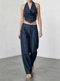  MQTIME  -  Women Dark Denim 2 Piece Set Halter V Neck Rivet Trim Draped Cowl Top High Waist Wide Leg Pleated Long Trousers Matching Outfit