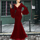 MQTIME  -  Women Long Dress Sexy Flare Sleeve Lace Embroidery Dresses Elegant High Waist Night Vestidos Female Party Evening Maxi Dress