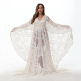  MQTIME  -  Long Train Boho Maternity Photo Shoot Long Dress Beige Lace Pregnant Woman Photography Props