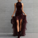 MQTIME  -  Seasonal Hot Selling Velvet High Neck Sleeveless Slim Fit Irregular Hem Chiffon Trailing Dress