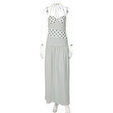 MQTIME  -  Summer Polka Dots Print A-line Maxi Dress Women Sexy Strapless Lace Up Halter Backless Vacation Beach Long Robe Streetwear