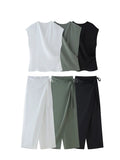 MQTIME  -  Summer Women's New Suits Solid V-Neck Sleeveless Off Shoulder Top+Side Bow Lace-Up Decoration Elastic Waist Pant Mujer