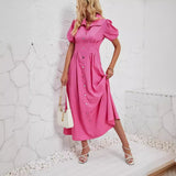 MQTIME  -  Rose Pink Maxi Dress Puff Sleeve Solid Color Button Down Dress Femme High Waist Summer Shirt Dress Basic Vestidos