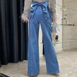 MQTIME  -  Ladies Fashion Stitching Edge Ruffles Office Pants 2025 Elegant High Waist Straight Denim Trousers Women Chic Jeans Long Pants