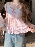  MQTIME  -  Sweet Temperament Flower Print V Neck Puff Sleeve Bow Ruffles Bandage Women Blouse