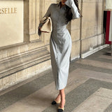 MQTIME  -  Fashion Turn Down Collar Long Sleeve Dress Temperament Slim Solid Color Shirts Dresses Elegant Ladies Simple Commute Maxi Dress