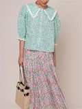  MQTIME  -  Price Women Print Peter Pan Collar Sweet Cotton Green Lace Stitching Blouse