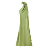 MQTIME  -  Women Ribbon Hanging Neck Long Dresses Solid Color Summer Sleeveless Backless Slim Halter Party Dress Female Elegant Satin Robe