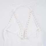 MQTIME  -  Rivet Swinging Collar Lace Up Halter Backless Tanks Tops Women Sexy Solid Sleeveless Casual Streetwear Camis All Matching Vests