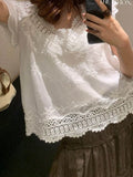  MQTIME  -  Summer Vacation Vintage Embroidery Crochet Solid V Neck Short Sleeve Women Blouse