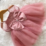 MQTIME Dusty Pink Flower Girl Dresses Tulle Appliques Pearl Skirt With Bow Short Sleeve For Wedding Birthday Party First Communion Gown