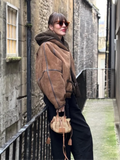 MQTIME  -  Brown Faux Shearling Trimmed Horn Button Short Jacket Women Patchwork Full Sleeve Oversize Coat Winter Cozy Stylish Outerwear