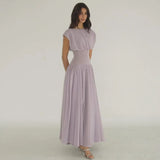 MQTIME  -  Mesh Pleated Dress Elastic Waist Cinching Round Neck Short Sleeved Diagonal Waistline Slimming Gauze Long Dresses Purple Robes