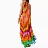 MQTIME  -  Elegant Striped Colorful Cake Party Dress Sexy Off Shoulder Banquet Draped Long Dress Formal Occasion Loose O-Neck Ruffles Dress