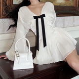 MQTIME  -  New Slim Waist Pure Desire V-neck Bow Dress Temperament Design Sense French Long Sleeve Waist Skirt