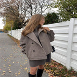 MQTIME  -  Women's Brown Plaid Print Stand Collar Asymmetric Button Front Jacket With Long Sleeves Casual Outerwear 2025 Autumn Lady Coat