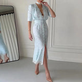 MQTIME  -  Chic Lace Trimmed Printed Dress Women Elegant Deep V-neck Waist Cinching Split Short Sleeve Maxi Dress Lady Party Vestidos