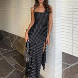 MQTIME  -  Elegant Halter Swing Neck Vacation Dress Women Sexy Split Sleeveless Slim Beach Party Dress Fashion Polka Dot Sling Long Dresses