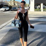 MQTIME  -  Lace Color Patchwork Bows Camisole Jumpsuits Women Sexy V Neck Spaghetti Straps Backless Skinny Capris Rompers Street Overalls