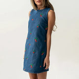 MQTIME  -  Spring O Neck Slim Straight Dress Vintage Strawberry Print Denim Dresses Women Summer Sleeveless Backless Tie-up Mini Dress
