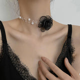 Mqtime Romantic Pearl Choker Camellia Necklace Summer Black White Clavicle Chain With Fabric Flowers Pearls For Women Jewelry