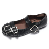 MQTIME  -  Women's Black Mary Jane Flats with Triple Buckle Straps Cute Preppy Style Leather Shoes for Girls Comfortable Round Toe Loafers