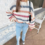 MQTIME  -  European and American autumn and winter new casual fashion retro color blocked coarse knitted loose bat sleeve sweater