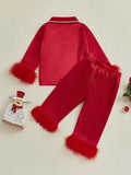 MQTIME  -  Children s Satin Pajama Set with Plush Trim Long Sleeve Button-up Shirt Elastic Waist Pants - 2 Piece Sleepwear Ensemble
