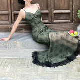 MQTIME  -  Black Lace Hem Flower Green Strap Midi Long Dress Summer Sexy Goth Harajuku Vintage Street Fashion y2k Dresses Maxi Women Cloth