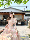 MQTIME  -  Elegant Seaside Vacation Floral Printed Dress Summer Off Shoulder Women Camisole Dress Slim Casual Ruffles Fairy Dress