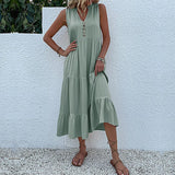 MQTIME  -  Solid Color Straight Tank Dress Sleeveless Holiday Viscose Maxi Dress Button Up V Neck Boho Dress Vacation Robes