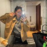  MQTIME  -  Retro Solid Suede Bomber Jacket Women Street Lapel Single Breasted Full Sleeves Zipper Pockets Coat Female Autumn Casual Outwear