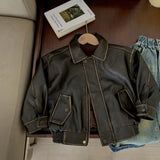 MQTIME  -  Boys Leather Jacket Autumn Spring Korean Style New Arrival Trendy Fashion Cool Brown Solid Color Jackets Coats