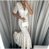  MQTIME  -  Chiffon Printed Ruffle Skirts Sets Women V-neck Short Puff Sleeve Button Cropped Shirt Slim Mermaid Skirt Summer Party Suit
