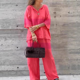 MQTIME  -  Casual Cotton Linen Solid Color Outfits Elegant V-neck Pullover & Long Pant Suit Women Fashion 3/4 Sleeve Street Loose 2Pc Sets