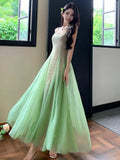 MQTIME  -  Summer Green Backless Party Mesh Long Dress Women 2024 French Fashion Sleeveless Round Neck Holiday Spaghetti Strap Sundress New