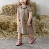 MQTIME  -  Summer Cotton Linen Ruffled Crew Neck Girls Dress New Casual Loose Ruched Back Wooden Buttons Short Sleeve Linen Dresses