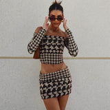 Mqtime Long Sleeved Printed Set, Fashionable One Line Neck, Sexy T-shirt, High Waisted, Buttocks Wrapped Skirt, Autumn