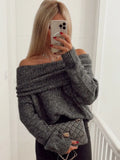 Mqtime Women Sexy Slash Neck Pullover Sweaters Long Sleeve Off Shoulder Cropped Knitted Top Female Elegant  Autumn Solid Knitwear