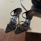 MQTIME  -  Red Pointed-toe High Heels New Straight Strap Open-toe Sandals Patent Leather Stiletto Heel Sexy Slippers Women