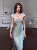 MQTIME  -  Puss Sexy Satin Wedding Dress Women Strap Low-Neck Rhinestone Patchwork Elegant Classic Evening Party Dating Slim Bodycon
