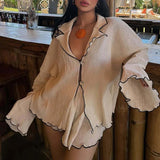 MQTIME  -  Autumn New Soft Comfortable 2 Piece Casual V-neck Long Sleeve Shirts&Shorts Sets Elegant Solid Color Loose Women's Commute Sets