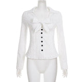 MQTIME  -  new polka dot printed bow lace-up breasted shirt casual slim long-sleeved top women