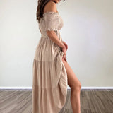 MQTIME  -  Solid Color Off Shoulder Pleated Women's Long Dress Summer Simple Short Sleeved High Waist Dress Beach Hollow Out Loose Dresses