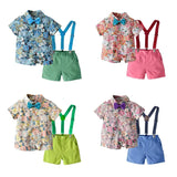 MQTIME  -  Boy's Summer Suit Printed Flower Short-sleeved Shirt and Strap Shorts with Bow Tie Pure Cotton 2-8 Years-old Boy 70-130cm